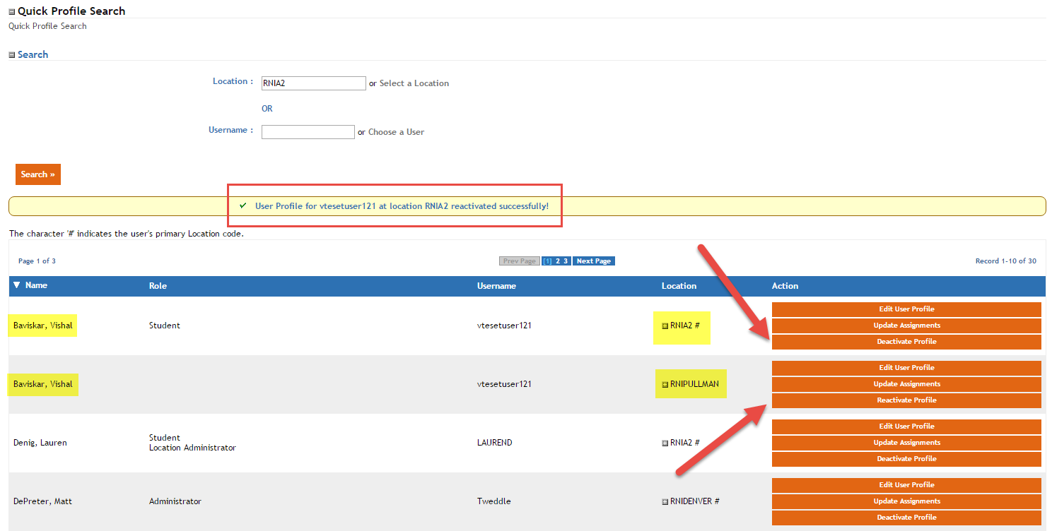 Example of Quick Profile Search with all update options pictured.