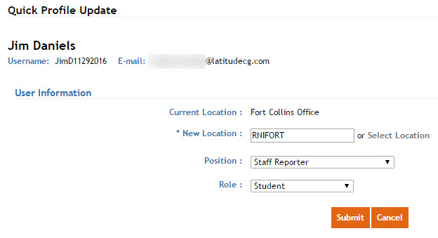 Example of Quick Profile Update page.