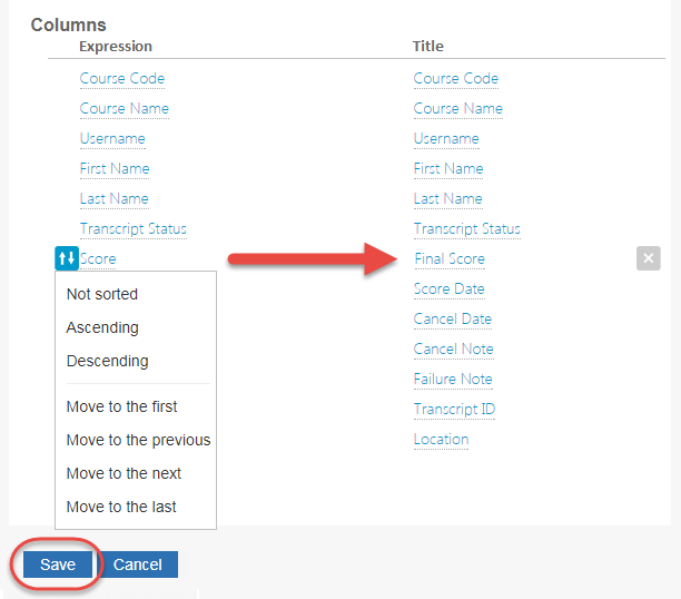 Screen shot of column setup page